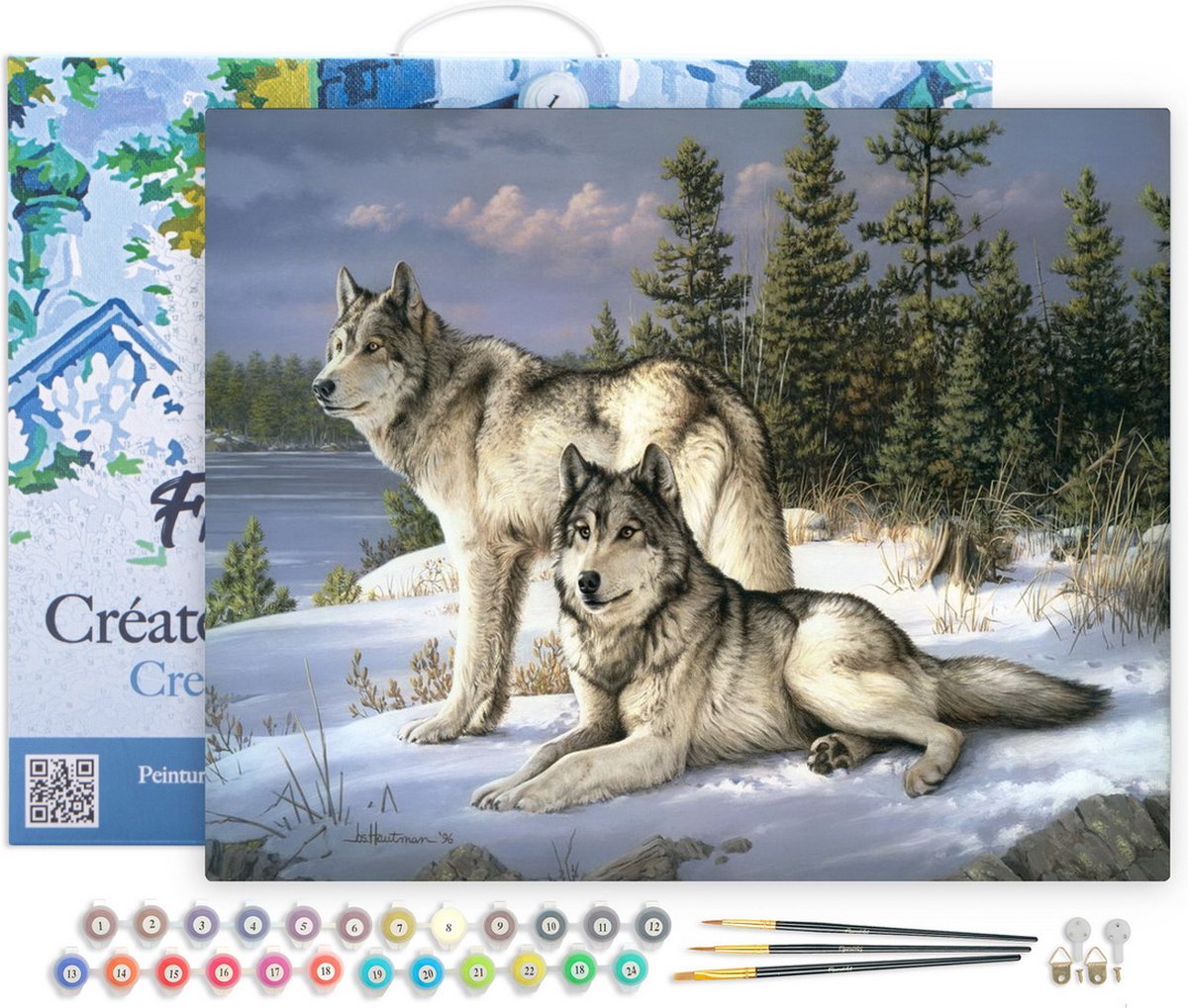 FiguredArt Schilderen op Nummer Volwassenen met lijst - Wolfspaar - Handwerk acrylverf Kit DIY Compleet - 40x50cm Canvas al ingelijst